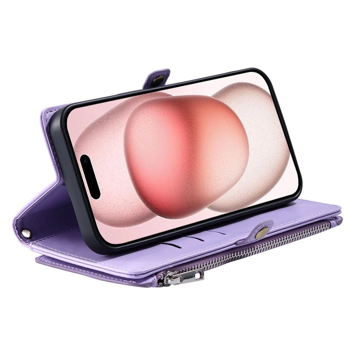 For iPhone 17 Case TPU + PU Leather Wallet Phone Cover with Wrist Strap - Purple - 3