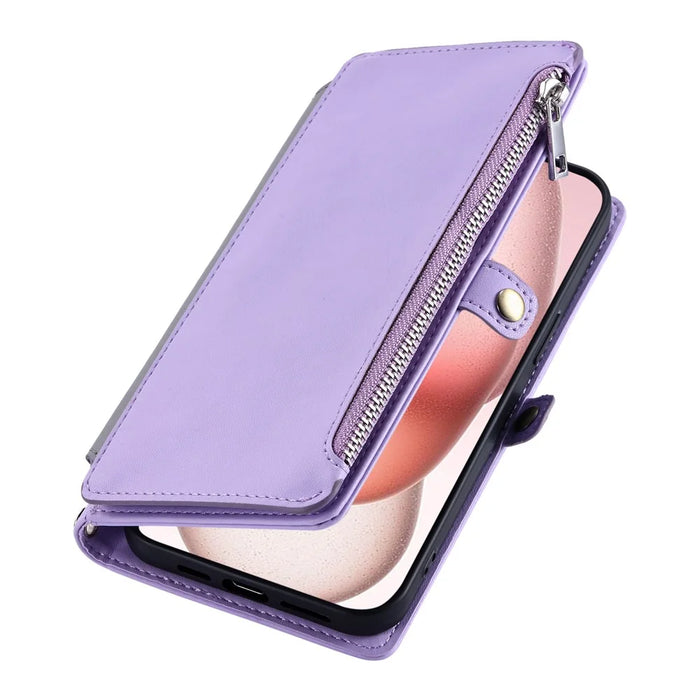 For iPhone 17 Case TPU + PU Leather Wallet Phone Cover with Wrist Strap - Purple - 5