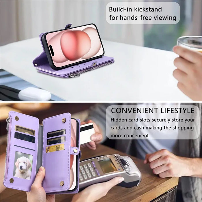 For iPhone 17 Case TPU + PU Leather Wallet Phone Cover with Wrist Strap - Purple - 7