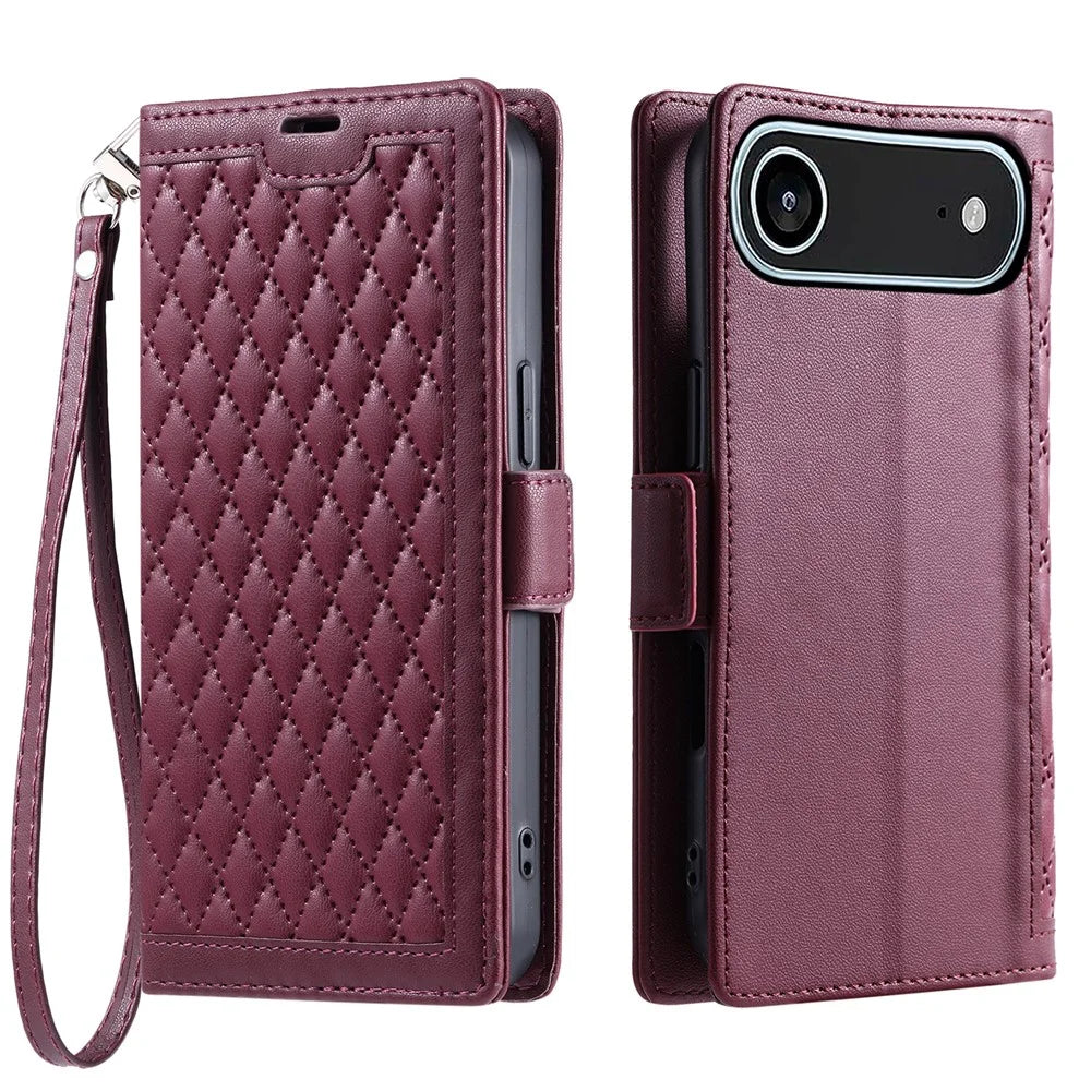 For iPhone Air Leather Case Rhombus Texture Wallet Stand Phone Cover with Wrist Strap - Wine Red - 1