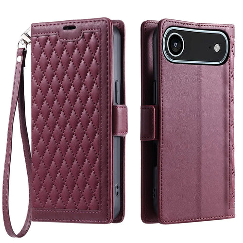 For iPhone Air Leather Case Rhombus Texture Wallet Stand Phone Cover with Wrist Strap - Wine Red - 1