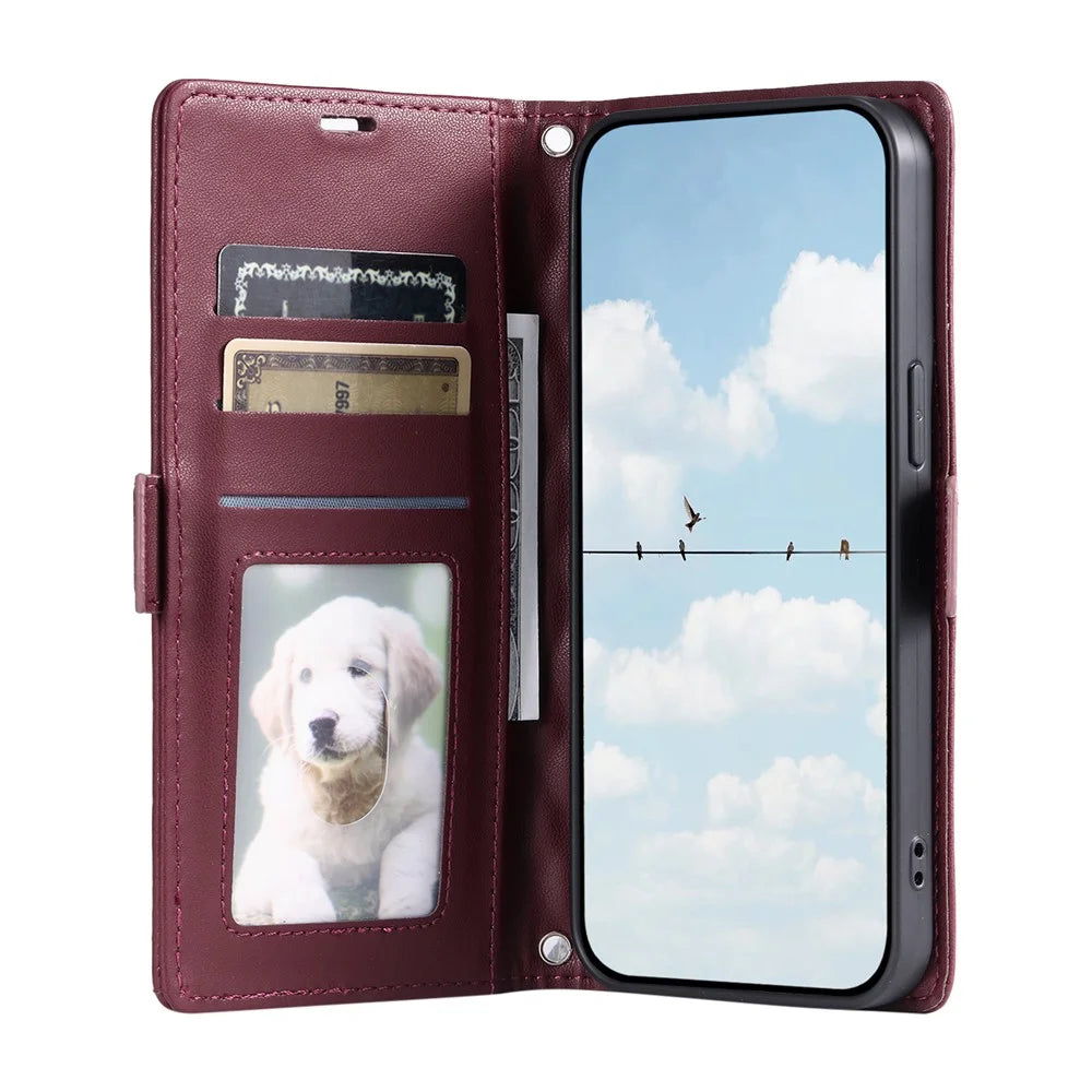 For iPhone Air Leather Case Rhombus Texture Wallet Stand Phone Cover with Wrist Strap - Wine Red - 2