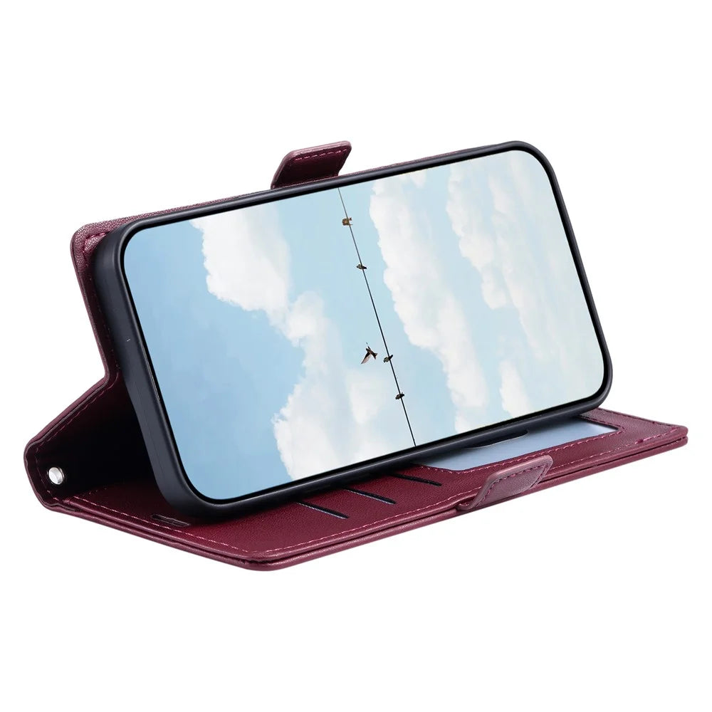 For iPhone Air Leather Case Rhombus Texture Wallet Stand Phone Cover with Wrist Strap - Wine Red - 3
