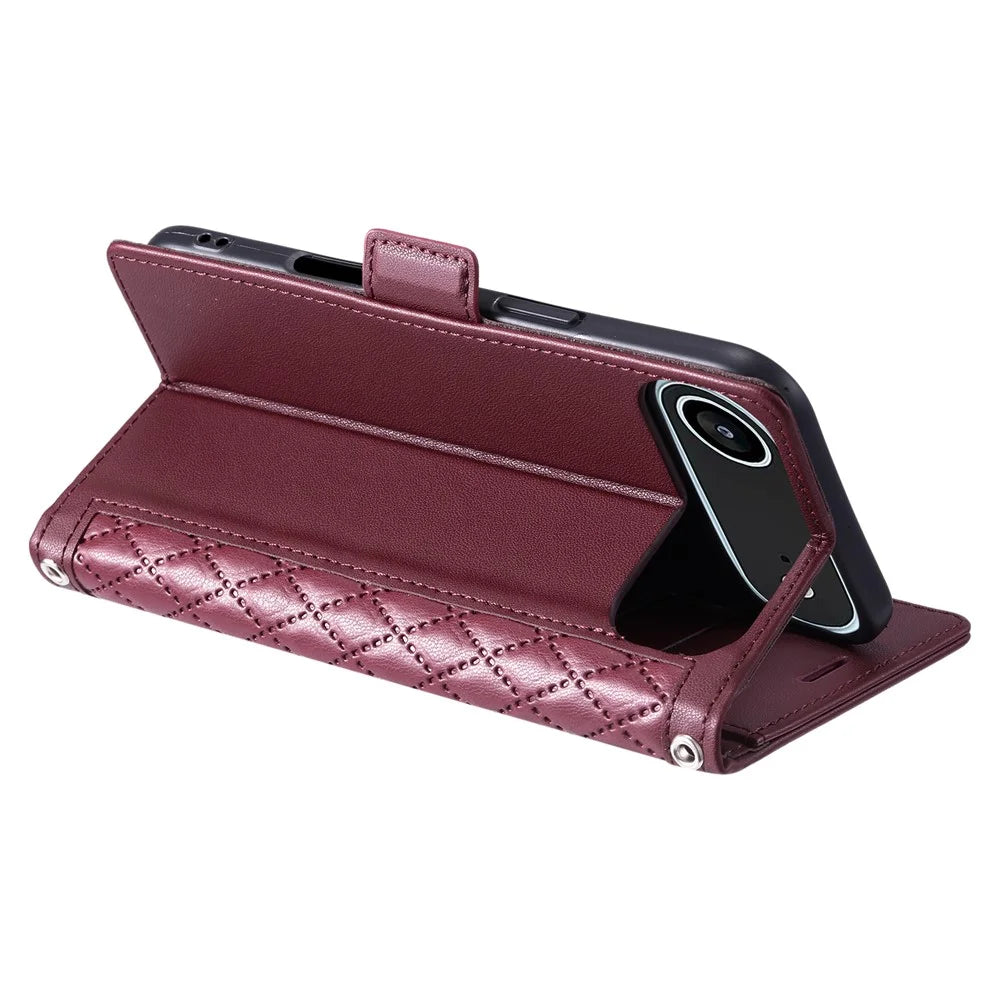 For iPhone Air Leather Case Rhombus Texture Wallet Stand Phone Cover with Wrist Strap - Wine Red - 4