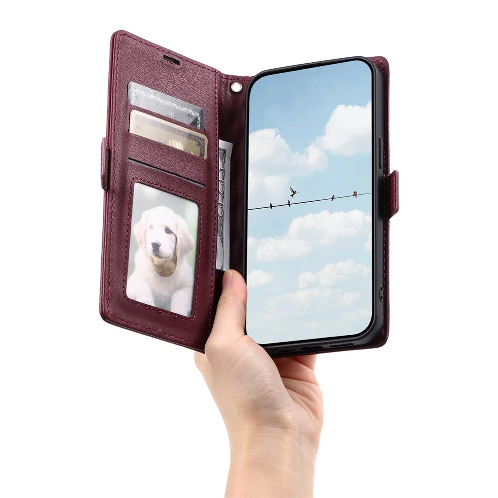 For iPhone Air Leather Case Rhombus Texture Wallet Stand Phone Cover with Wrist Strap - Wine Red - 5