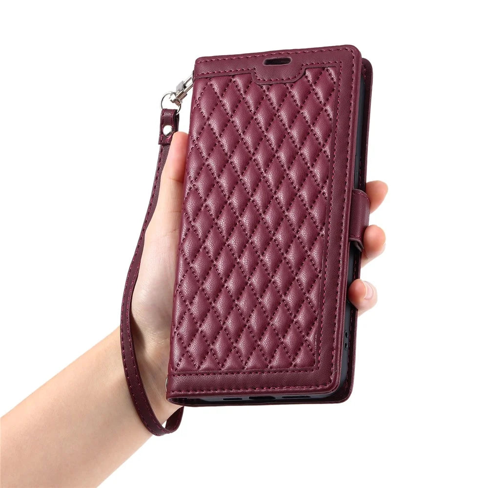 For iPhone Air Leather Case Rhombus Texture Wallet Stand Phone Cover with Wrist Strap - Wine Red - 6