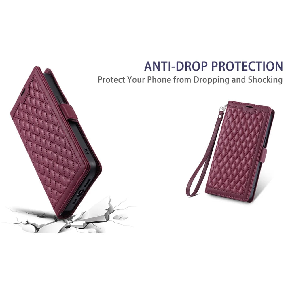 For iPhone Air Leather Case Rhombus Texture Wallet Stand Phone Cover with Wrist Strap - Wine Red - 7