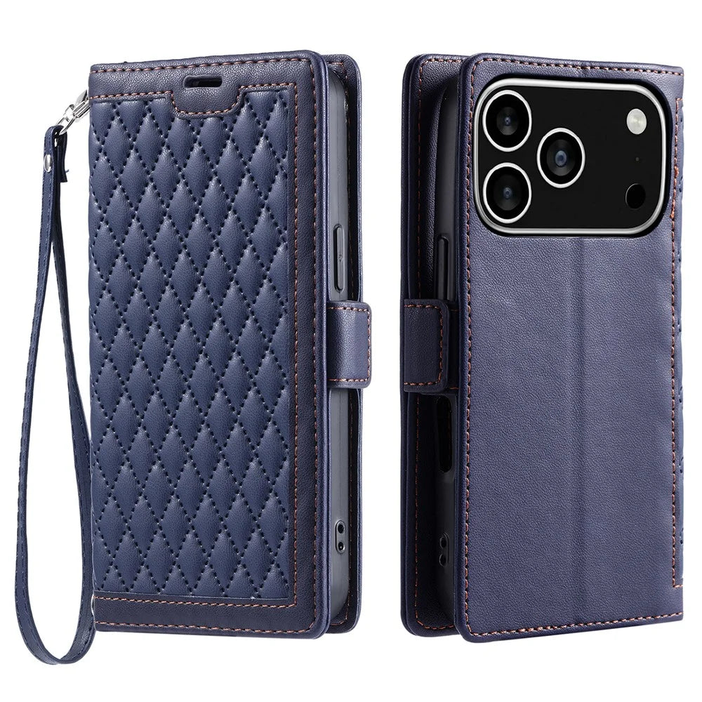 For iPhone 18 Pro / 17 Pro Leather Case Rhombus Texture Wallet Stand Phone Cover with Wrist Strap - Blue - 1