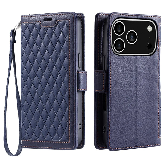 For iPhone 18 Pro / 17 Pro Leather Case Rhombus Texture Wallet Stand Phone Cover with Wrist Strap - Blue - 1