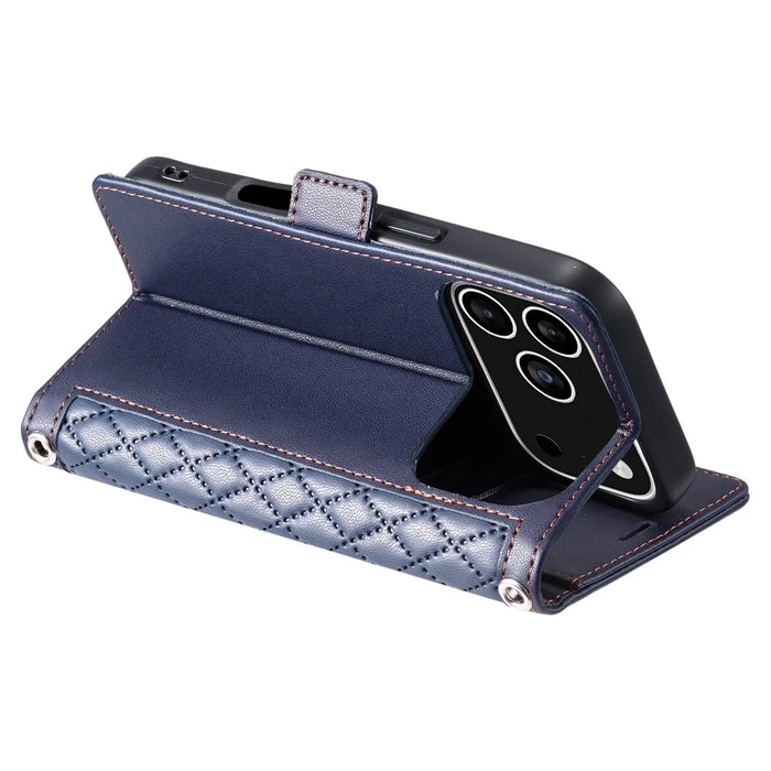 For iPhone 18 Pro / 17 Pro Leather Case Rhombus Texture Wallet Stand Phone Cover with Wrist Strap - Blue - 4