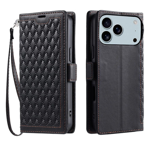 For iPhone 18 Pro Max / 17 Pro Max Leather Case Rhombus Texture Wallet Stand Phone Cover with Wrist Strap - Black - 1