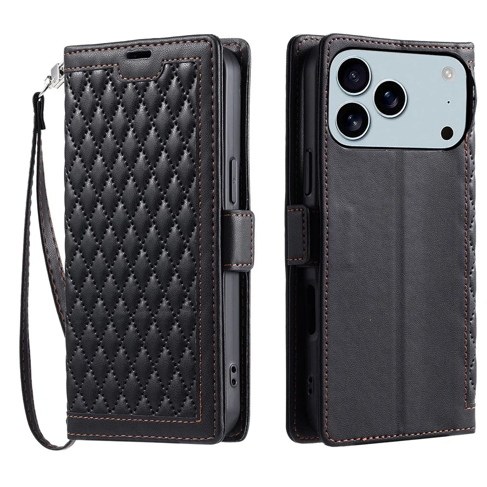 For iPhone 18 Pro Max / 17 Pro Max Leather Case Rhombus Texture Wallet Stand Phone Cover with Wrist Strap - Black - 1