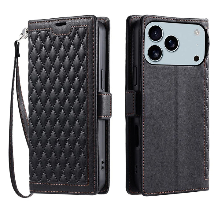 For iPhone 18 Pro Max / 17 Pro Max Leather Case Rhombus Texture Wallet Stand Phone Cover with Wrist Strap - Black - 1