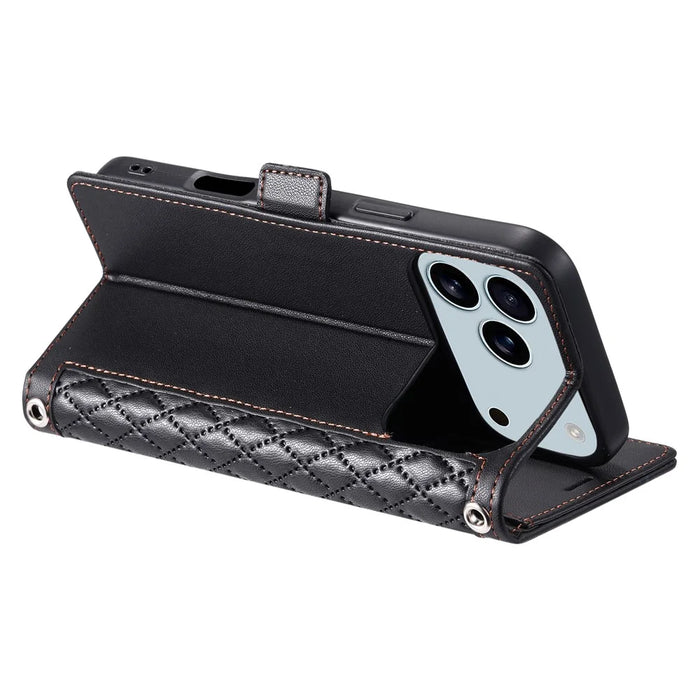 For iPhone 18 Pro Max / 17 Pro Max Leather Case Rhombus Texture Wallet Stand Phone Cover with Wrist Strap - Black - 4