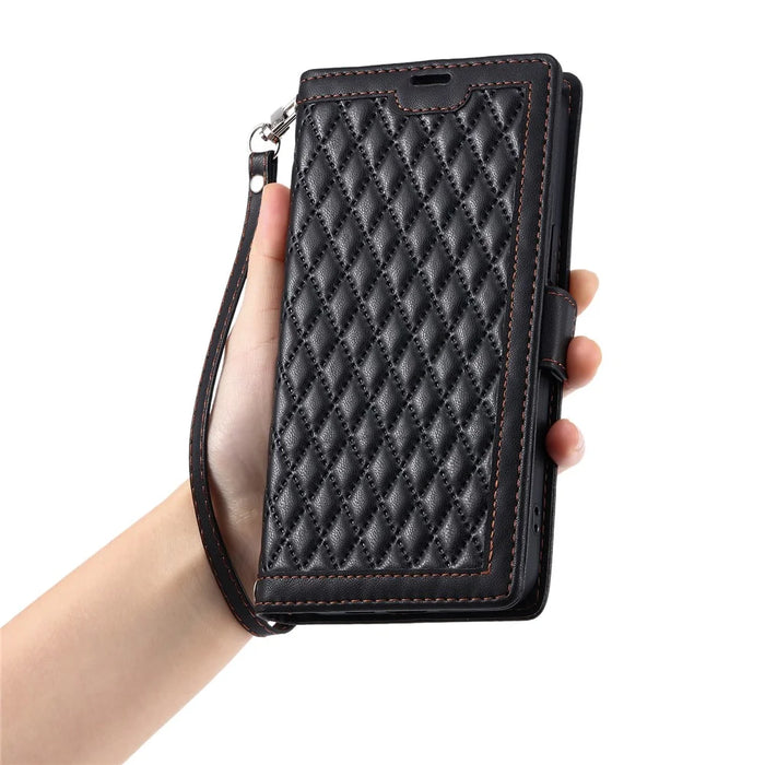 For iPhone 18 Pro Max / 17 Pro Max Leather Case Rhombus Texture Wallet Stand Phone Cover with Wrist Strap - Black - 6