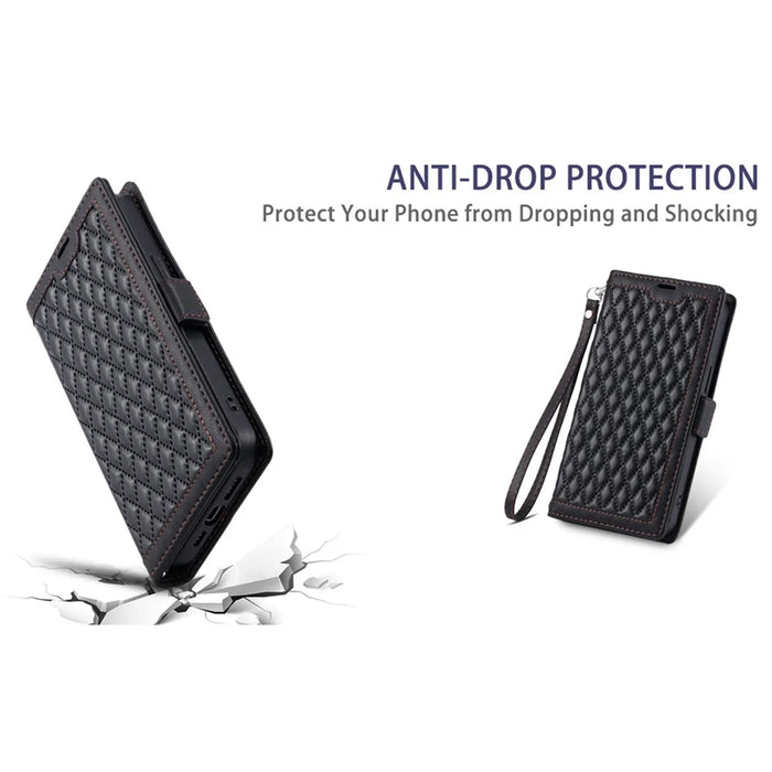 For iPhone 18 Pro Max / 17 Pro Max Leather Case Rhombus Texture Wallet Stand Phone Cover with Wrist Strap - Black - 7