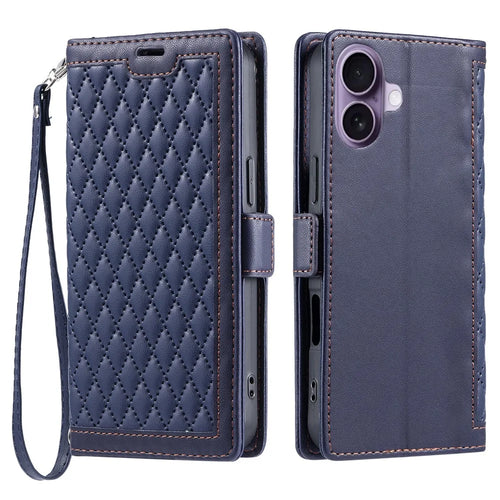 For iPhone 17 Leather Case Rhombus Texture Wallet Stand Phone Cover with Wrist Strap - Blue - 1