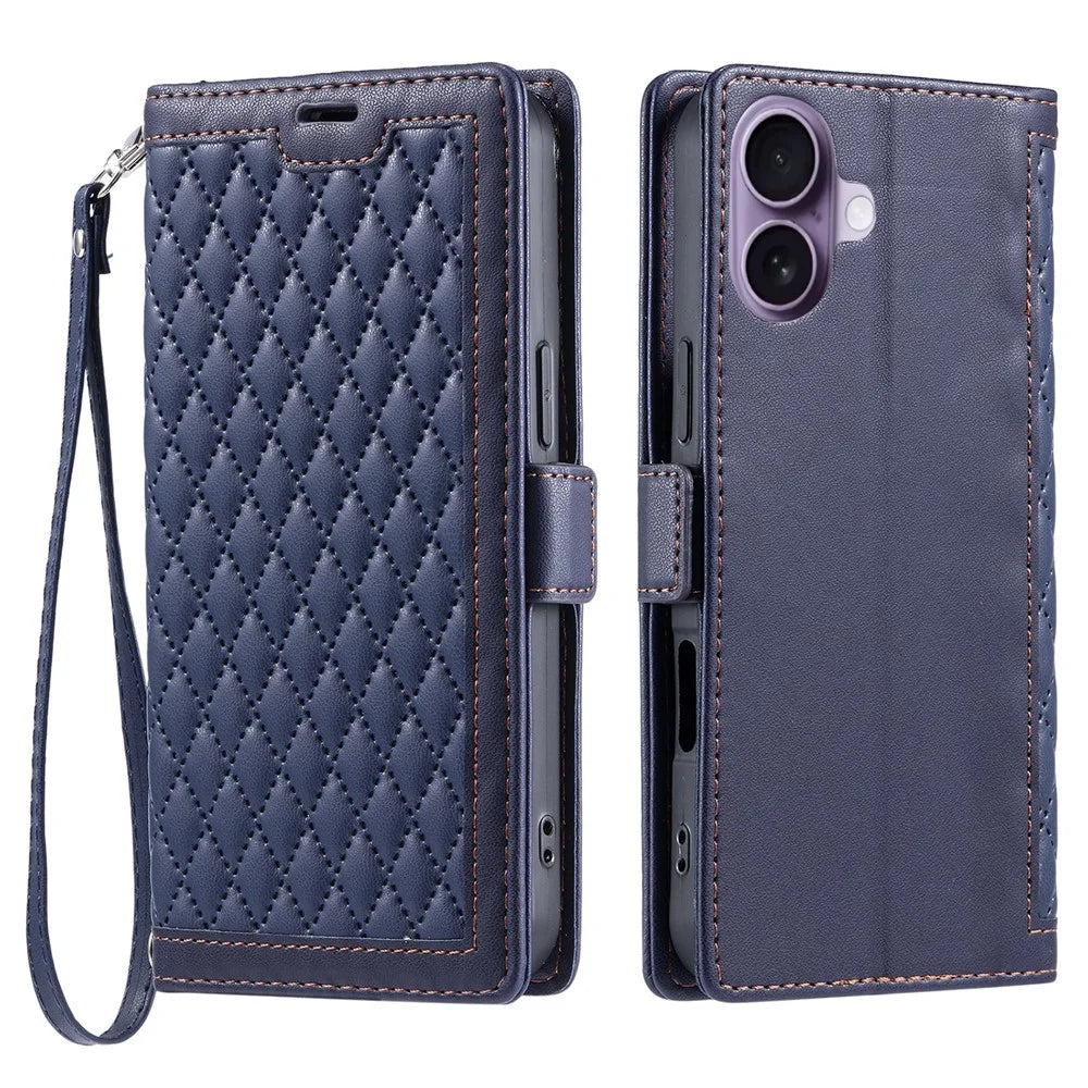 For iPhone 17 Leather Case Rhombus Texture Wallet Stand Phone Cover with Wrist Strap - Blue - 1
