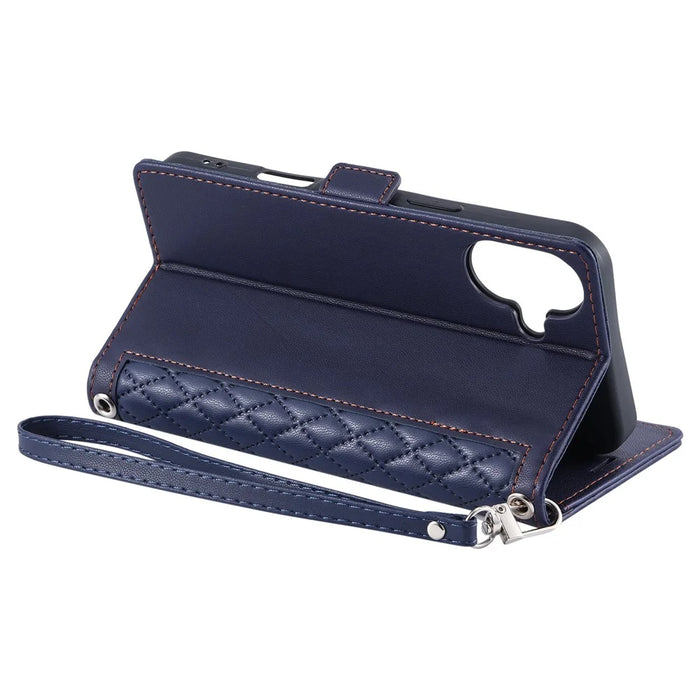 For iPhone 17 Leather Case Rhombus Texture Wallet Stand Phone Cover with Wrist Strap - Blue - 4