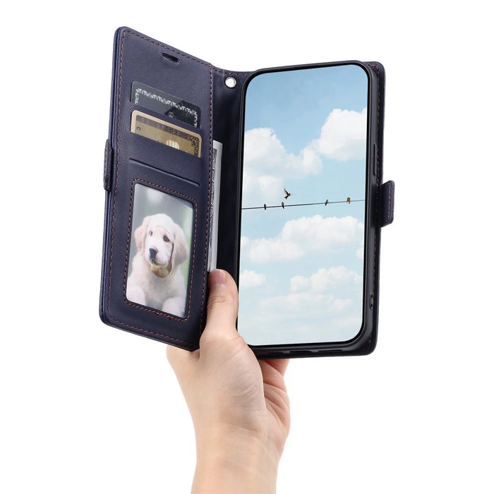For iPhone 17 Leather Case Rhombus Texture Wallet Stand Phone Cover with Wrist Strap - Blue - 5