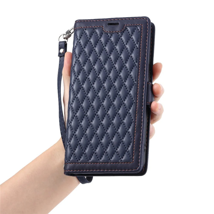 For iPhone 17 Leather Case Rhombus Texture Wallet Stand Phone Cover with Wrist Strap - Blue - 6