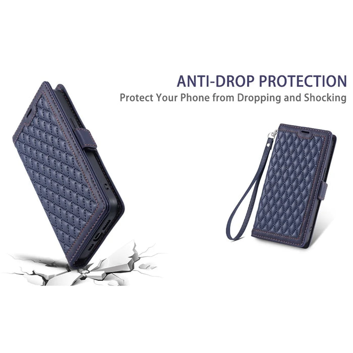 For iPhone 17 Leather Case Rhombus Texture Wallet Stand Phone Cover with Wrist Strap - Blue - 7