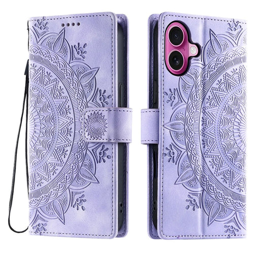 For iPhone 17 Case Imprinted Totem Skin Feel Wallet Leather Phone Cover with Hand Strap - Purple - 1