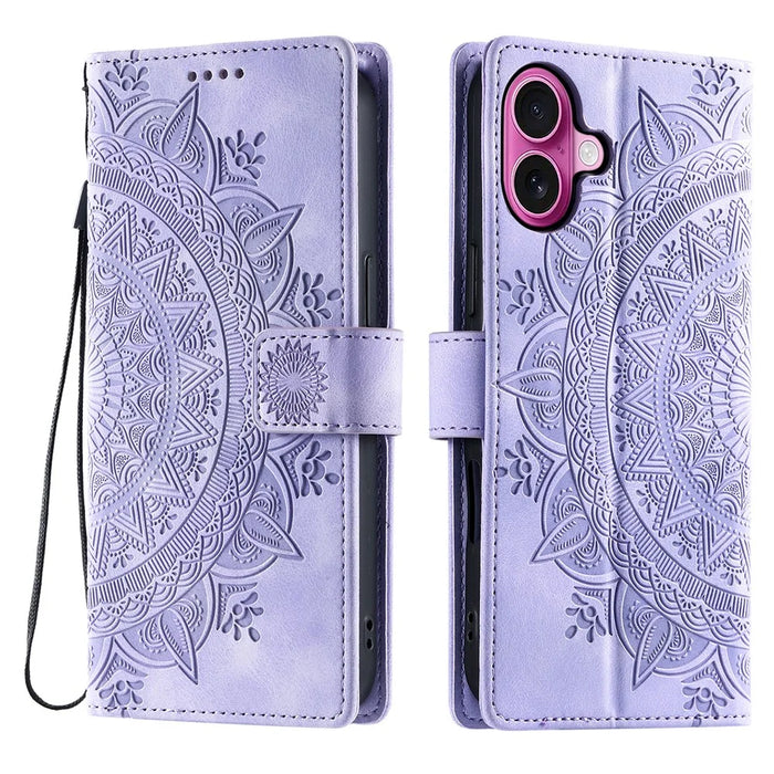 For iPhone 17 Case Imprinted Totem Skin Feel Wallet Leather Phone Cover with Hand Strap - Purple - 1