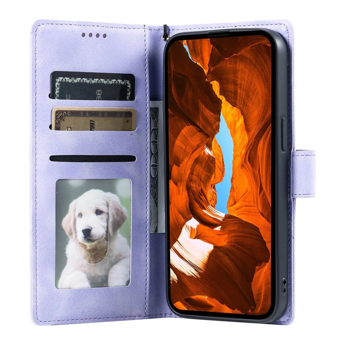 For iPhone 17 Case Imprinted Totem Skin Feel Wallet Leather Phone Cover with Hand Strap - Purple - 2