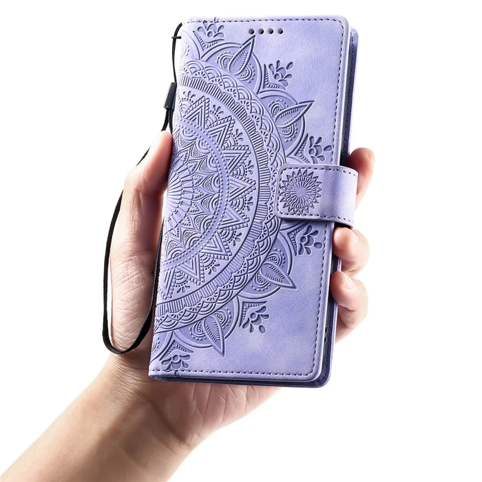 For iPhone 17 Case Imprinted Totem Skin Feel Wallet Leather Phone Cover with Hand Strap - Purple - 5