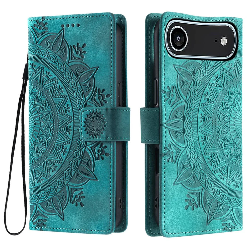 For iPhone Air Case Imprinted Totem Skin Feel Wallet Leather Phone Cover with Hand Strap - Mint Green - 1
