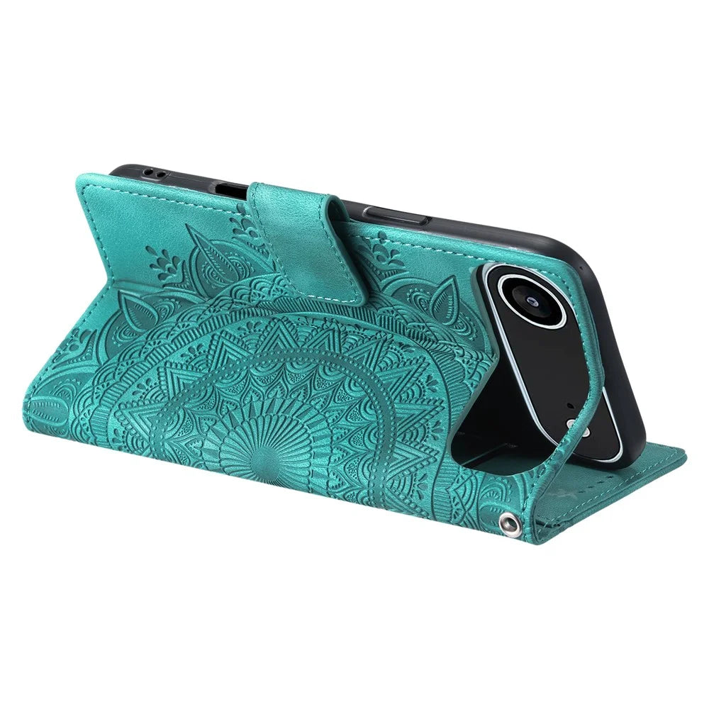 For iPhone Air Case Imprinted Totem Skin Feel Wallet Leather Phone Cover with Hand Strap - Mint Green - 4