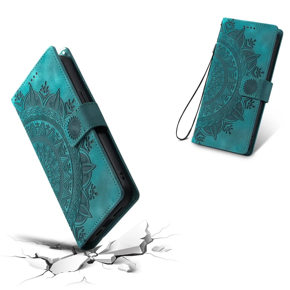 For iPhone Air Case Imprinted Totem Skin Feel Wallet Leather Phone Cover with Hand Strap - Mint Green - 6