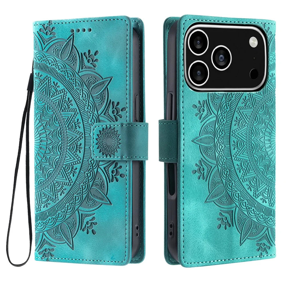For iPhone 18 Pro / 17 Pro Case Imprinted Totem Skin Feel Wallet Leather Phone Cover with Hand Strap - Mint Green - 1