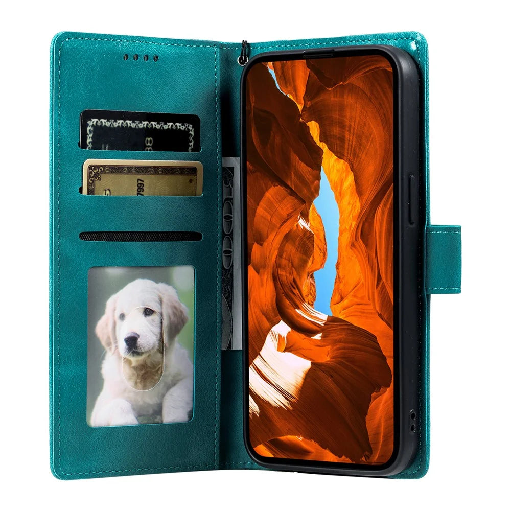 For iPhone 18 Pro / 17 Pro Case Imprinted Totem Skin Feel Wallet Leather Phone Cover with Hand Strap - Mint Green - 2