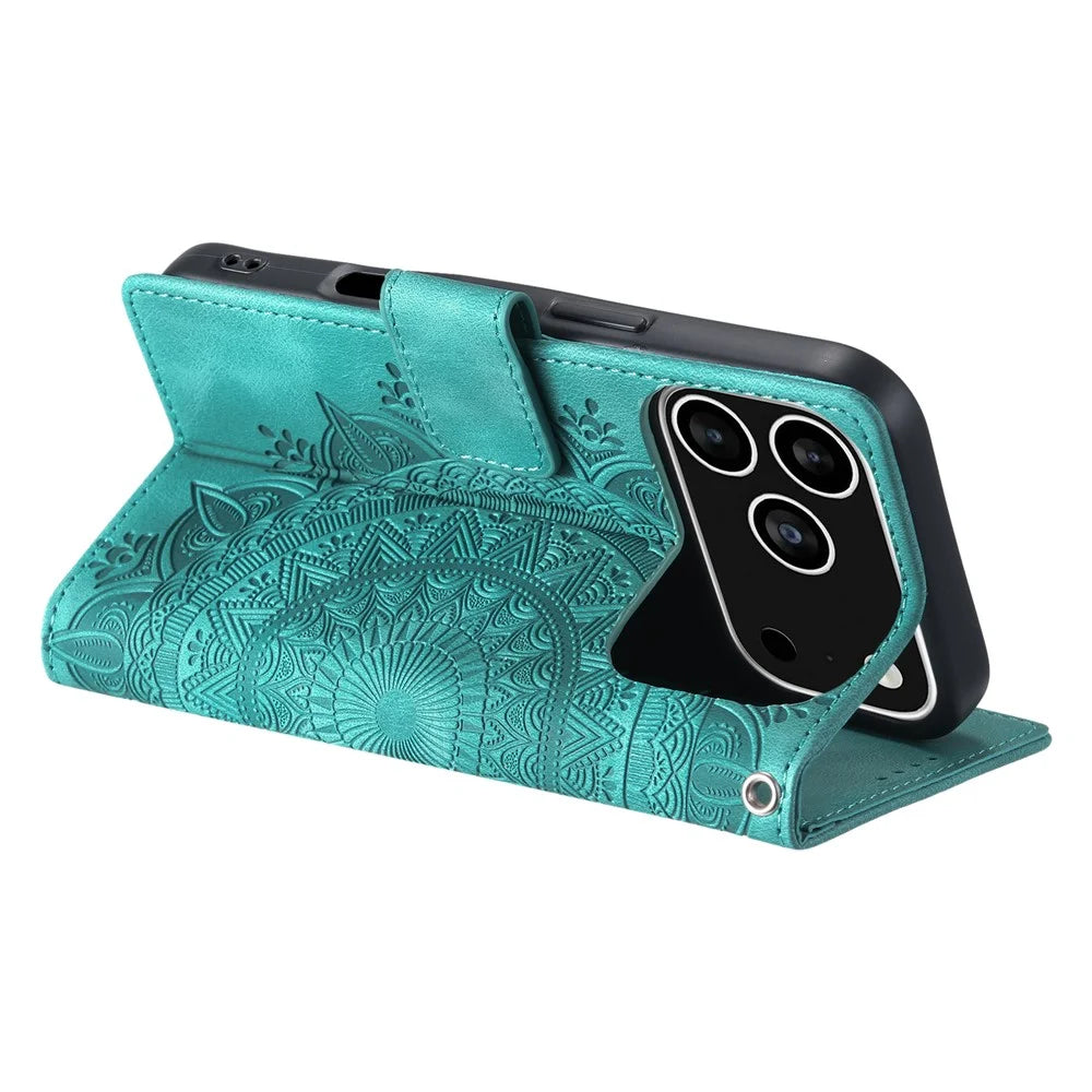 For iPhone 18 Pro / 17 Pro Case Imprinted Totem Skin Feel Wallet Leather Phone Cover with Hand Strap - Mint Green - 4