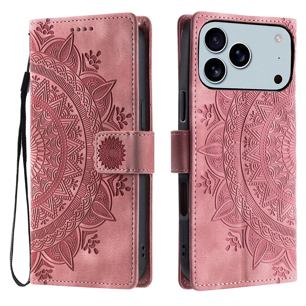 For iPhone 18 Pro Max / 17 Pro Max Case Imprinted Totem Skin Feel Wallet Leather Phone Cover with Hand Strap - Rose Gold - 1