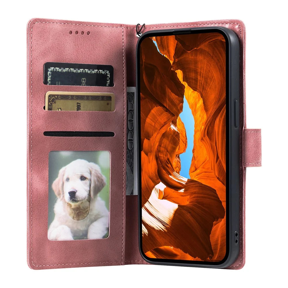 For iPhone 18 Pro Max / 17 Pro Max Case Imprinted Totem Skin Feel Wallet Leather Phone Cover with Hand Strap - Rose Gold - 2
