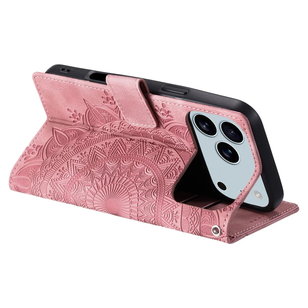 For iPhone 18 Pro Max / 17 Pro Max Case Imprinted Totem Skin Feel Wallet Leather Phone Cover with Hand Strap - Rose Gold - 4
