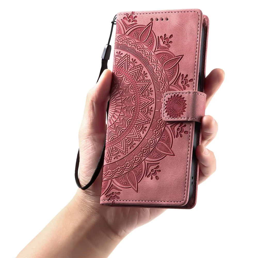 For iPhone 18 Pro Max / 17 Pro Max Case Imprinted Totem Skin Feel Wallet Leather Phone Cover with Hand Strap - Rose Gold - 5