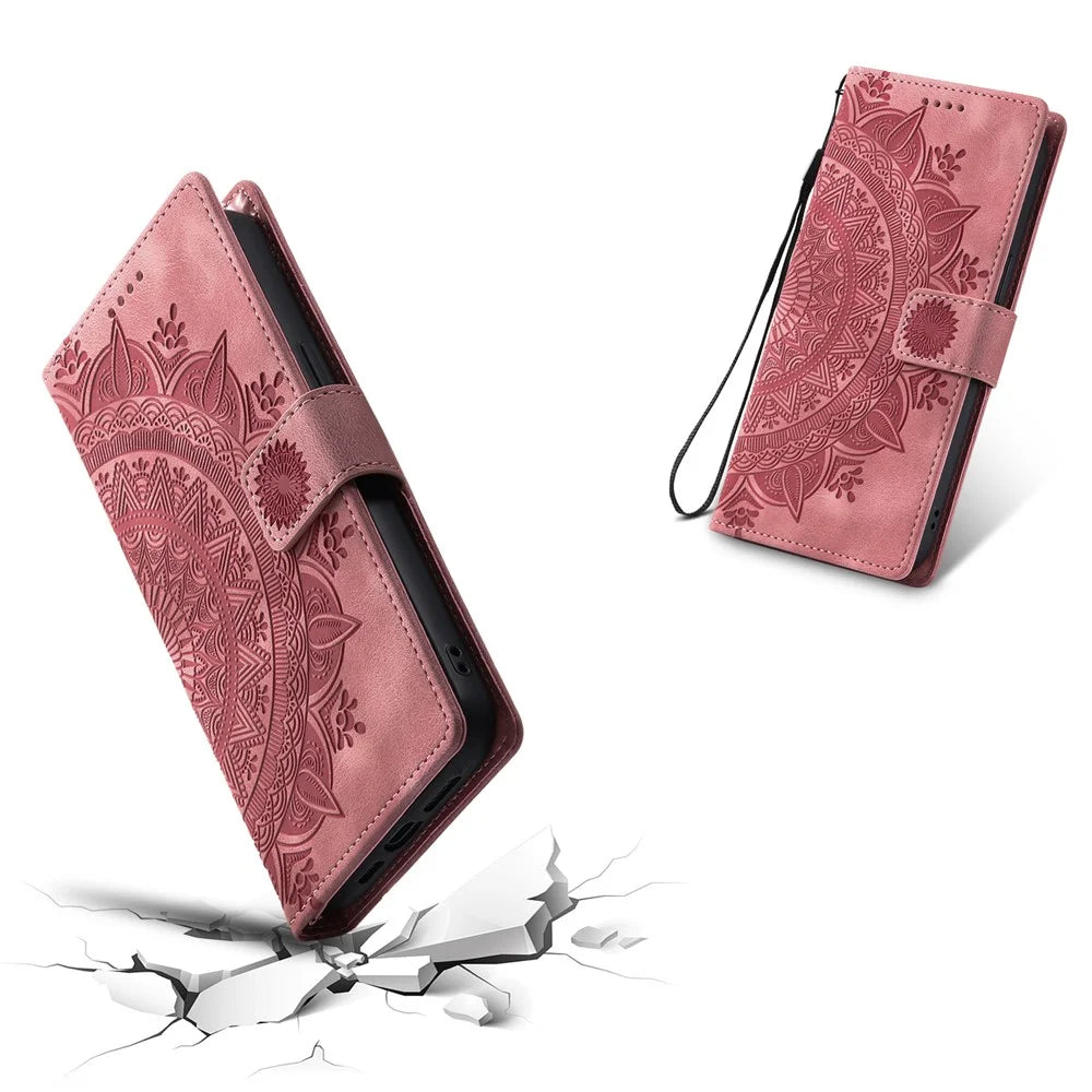 For iPhone 18 Pro Max / 17 Pro Max Case Imprinted Totem Skin Feel Wallet Leather Phone Cover with Hand Strap - Rose Gold - 6