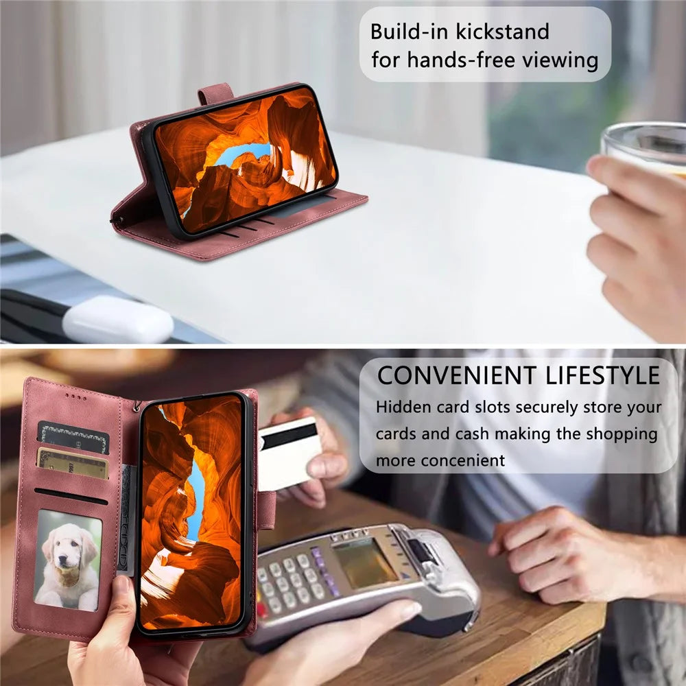 For iPhone 18 Pro Max / 17 Pro Max Case Imprinted Totem Skin Feel Wallet Leather Phone Cover with Hand Strap - Rose Gold - 7