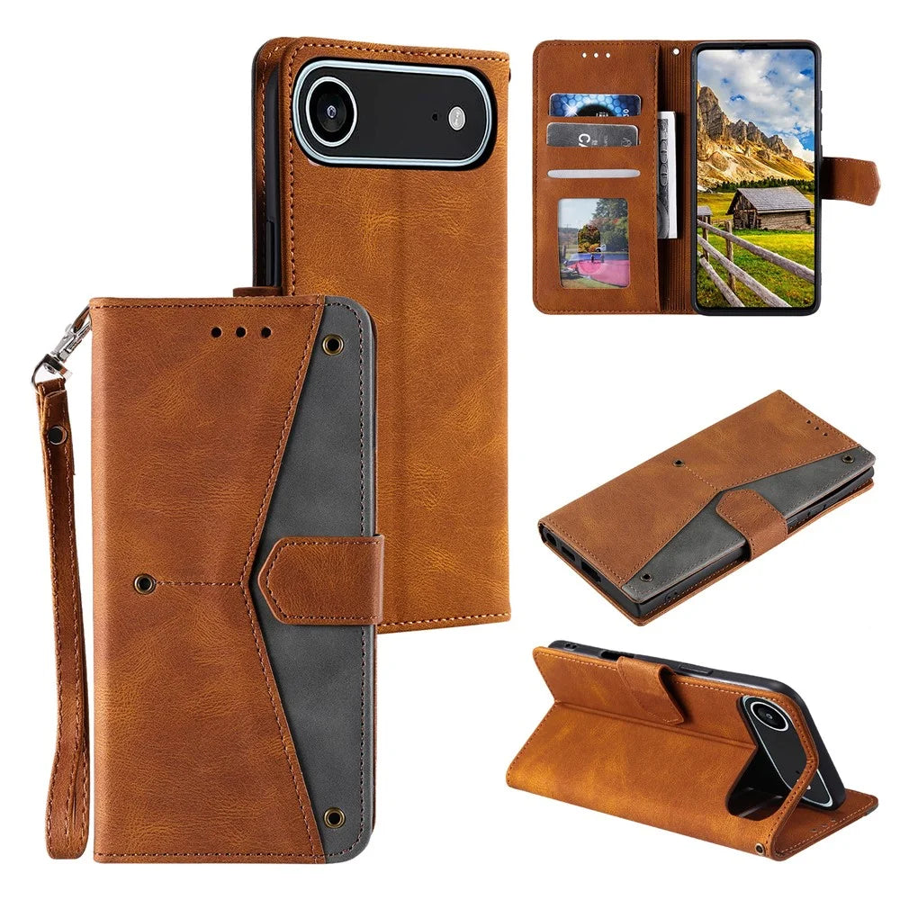 For iPhone Air Leather Case Splicing Stitching Wallet Phone Cover with Wrist Strap - Brown - 1
