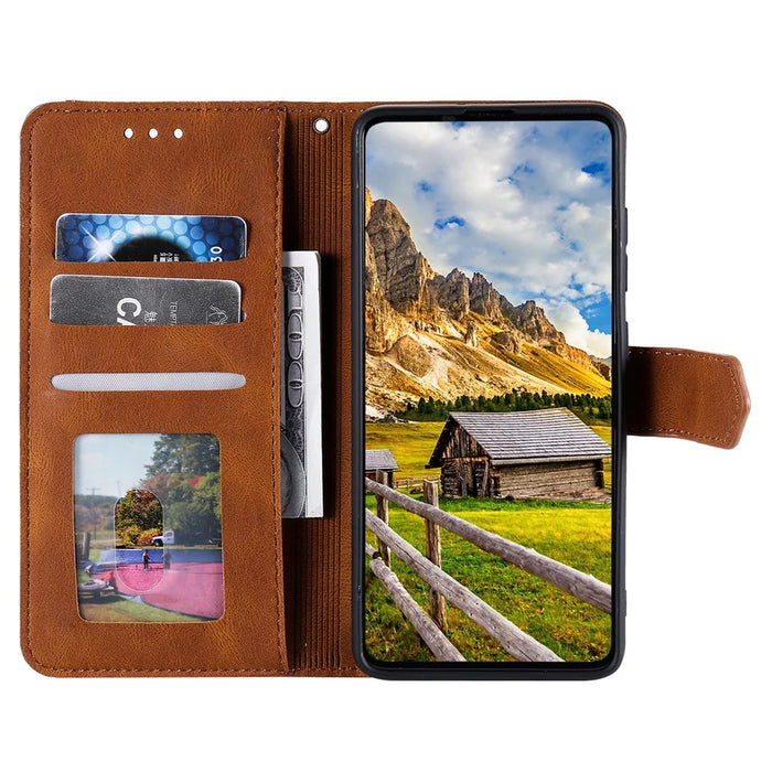 For iPhone Air Leather Case Splicing Stitching Wallet Phone Cover with Wrist Strap - Brown - 3