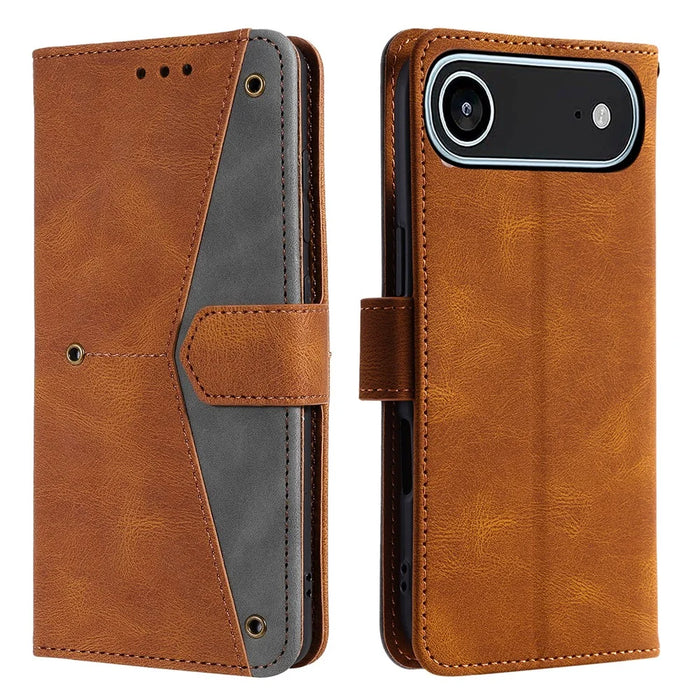 For iPhone Air Leather Case Splicing Stitching Wallet Phone Cover with Wrist Strap - Brown - 6