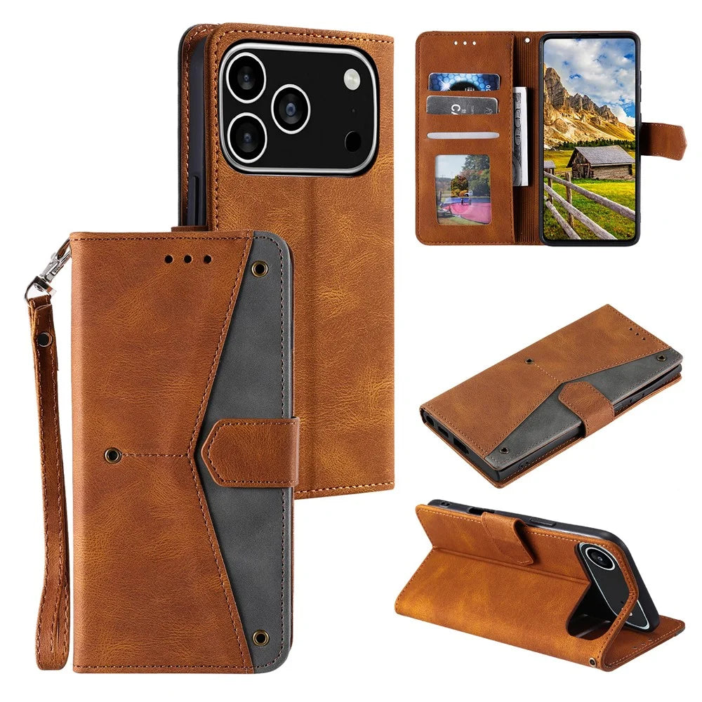 For iPhone 18 Pro / 17 Pro Leather Case Splicing Stitching Wallet Phone Cover with Wrist Strap - Brown - 1