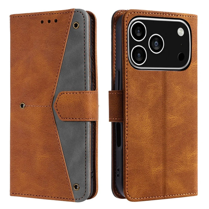 For iPhone 18 Pro / 17 Pro Leather Case Splicing Stitching Wallet Phone Cover with Wrist Strap - Brown - 6