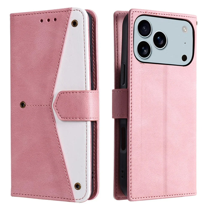 For iPhone 18 Pro Max / 17 Pro Max Leather Case Splicing Stitching Wallet Phone Cover with Wrist Strap - Rose Gold - 6