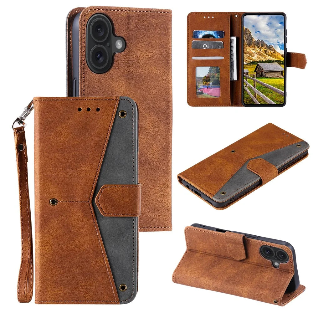 For iPhone 17 Leather Case Splicing Stitching Wallet Phone Cover with Wrist Strap - Brown - 1