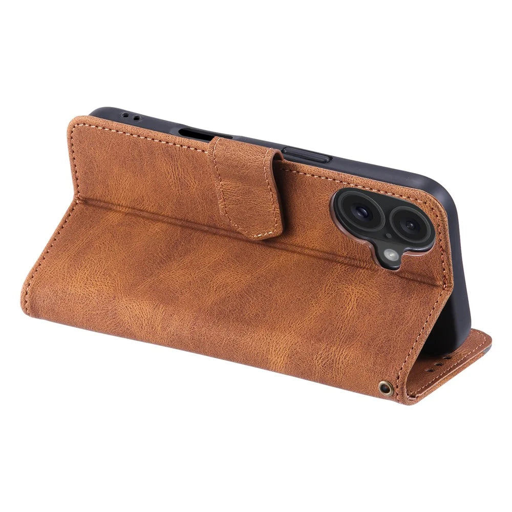For iPhone 17 Leather Case Splicing Stitching Wallet Phone Cover with Wrist Strap - Brown - 4
